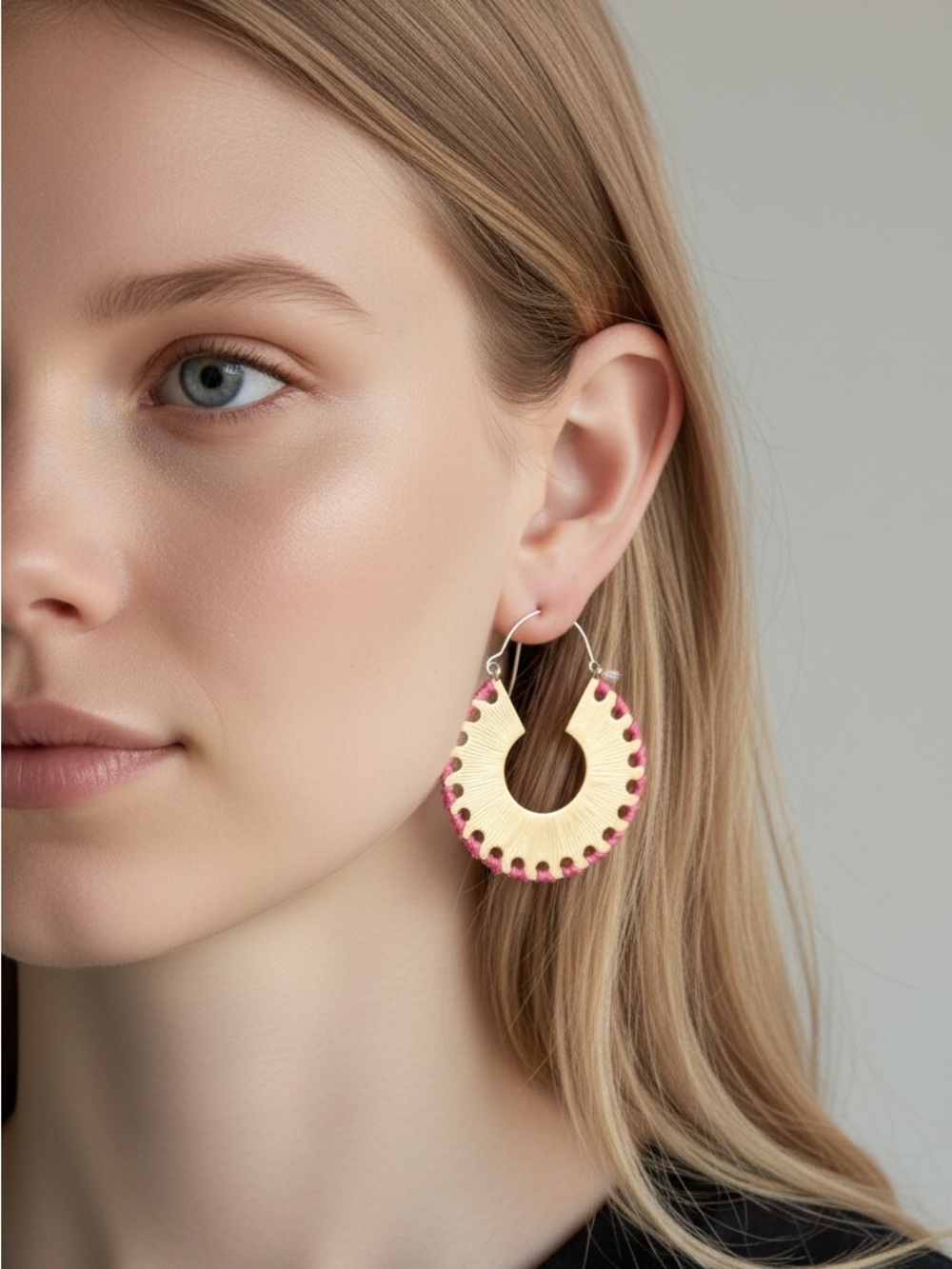 10/1 Handcrafted Gold-Tone Hoop Earrings with Pink Accent
